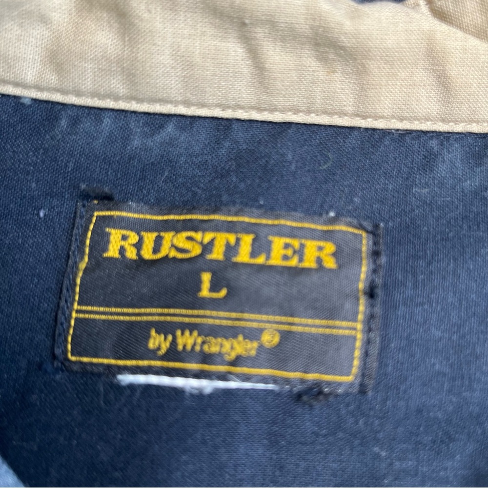 Wrangler Rustler Shirt Mens Large Pearl Snap Southwestern Cowboy Rodeo Blue Tan - Picture 4 of 8